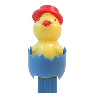 PEZ - Easter - Chick with Hat - Red Hat, Blue Eggshell - C