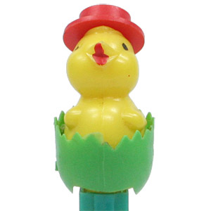 PEZ - Easter - Chick with Hat - Red Hat, Green Eggshell - C