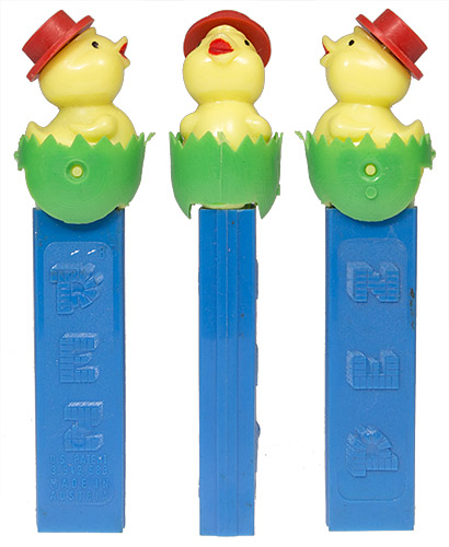 PEZ - Easter - Chick with Hat - Red Hat, Green Eggshell - C