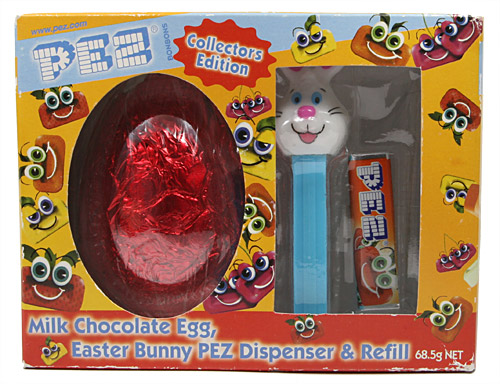 PEZ - Easter - Bunny with red chocolate egg - White head, two whiskers - E