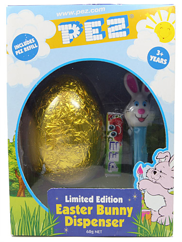 PEZ - Easter - Bunny with golden chocolate egg - White head, two whiskers - E